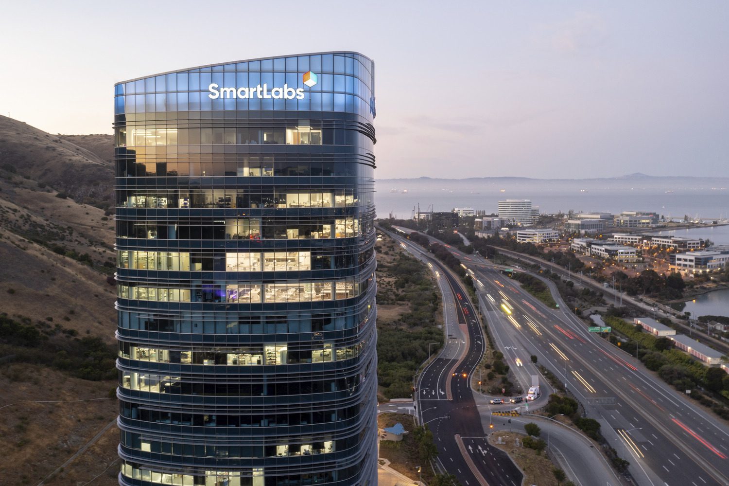 SmartLabs at 2 Tower Place, South San Francisco, at dusk